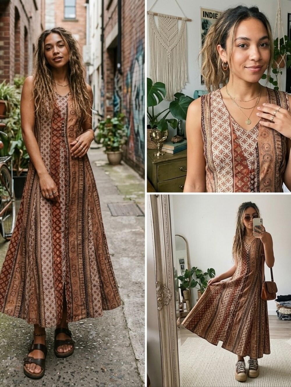 Vintage 90s Boho/Tribal Sleeveless Fitted Earth toned Unique Maxi Dress